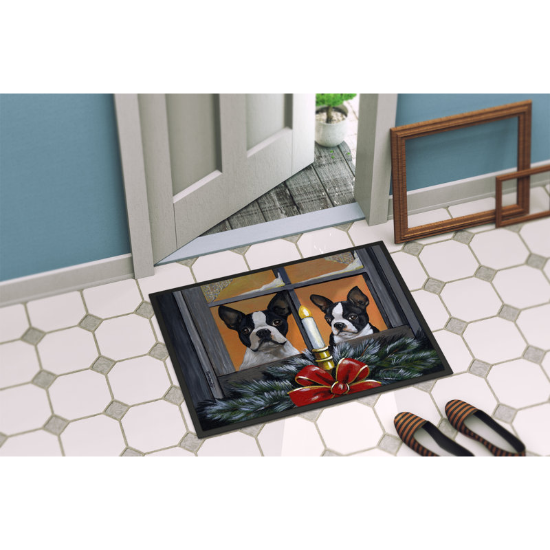 Tapis d'entrée antidérapant Guerriero, Boston terrier à la recherche du Père Noël, L 24 po x L 36 po