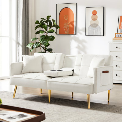 Canapé en velours blanc crème, pieds en métal doré, 3 angles réglables, dossier, 2 sièges, rembourrage en mousse, poches latérales et fentes pour tasse, lit futon crémeux, niveaux, poche pour une utilisation quotidienne, support pliable, siège