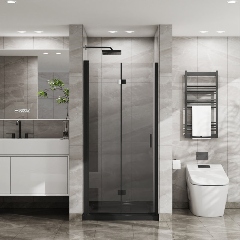 34"X 72" Bifold Frameless Glass Shower Door 1/4 Inch Tempered Clear Glass Pivot Swing Shower Panel, Foldable, Black