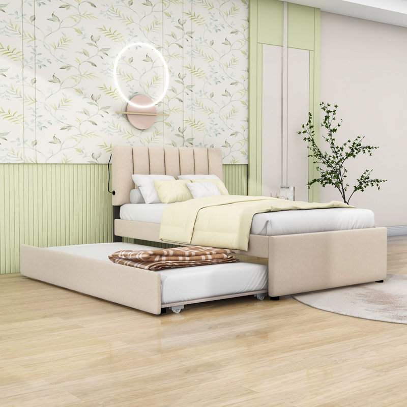 Lit plateforme tapissier en bois avec lit gigogne et tête de lit, Simple, Beige
