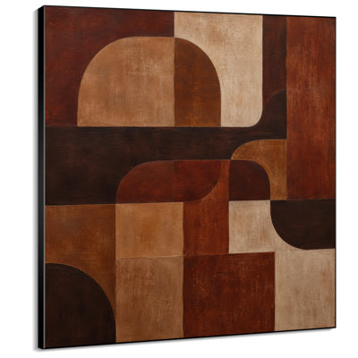 Impression sur tissu grand format - Motif géométrique abstrait rétro orange brûlé et brun pour salon ou chambre - « Assemblage du cadre requis (cadre non fini) »