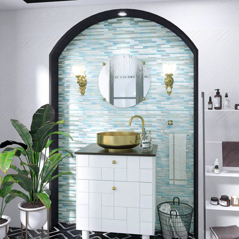 Aurora Interlocking Glossy Glass Linear Mosaic Tile, Blue