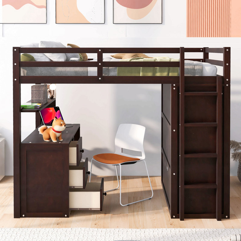 Lit mezzanine avec tiroirs, bureau et garde-robe, Lit double, Espresso