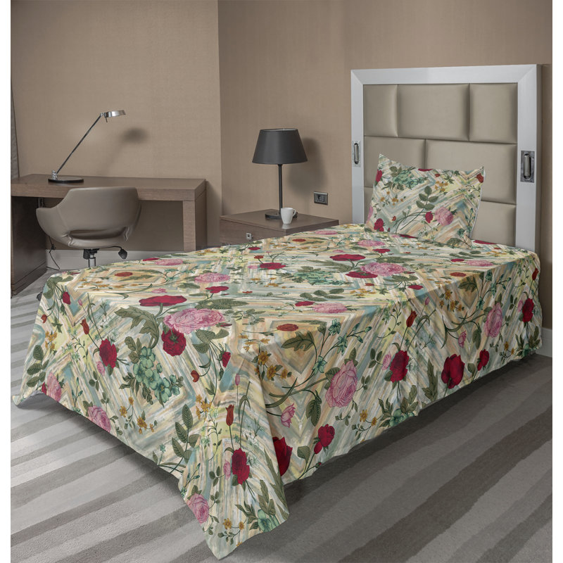Ambesonne Watercolor Botany Sheet Set 4 Pcs Retro Boho Bloom, Twin Sheet Set with 1 Pillowcase, Pink/Multicolor Floral