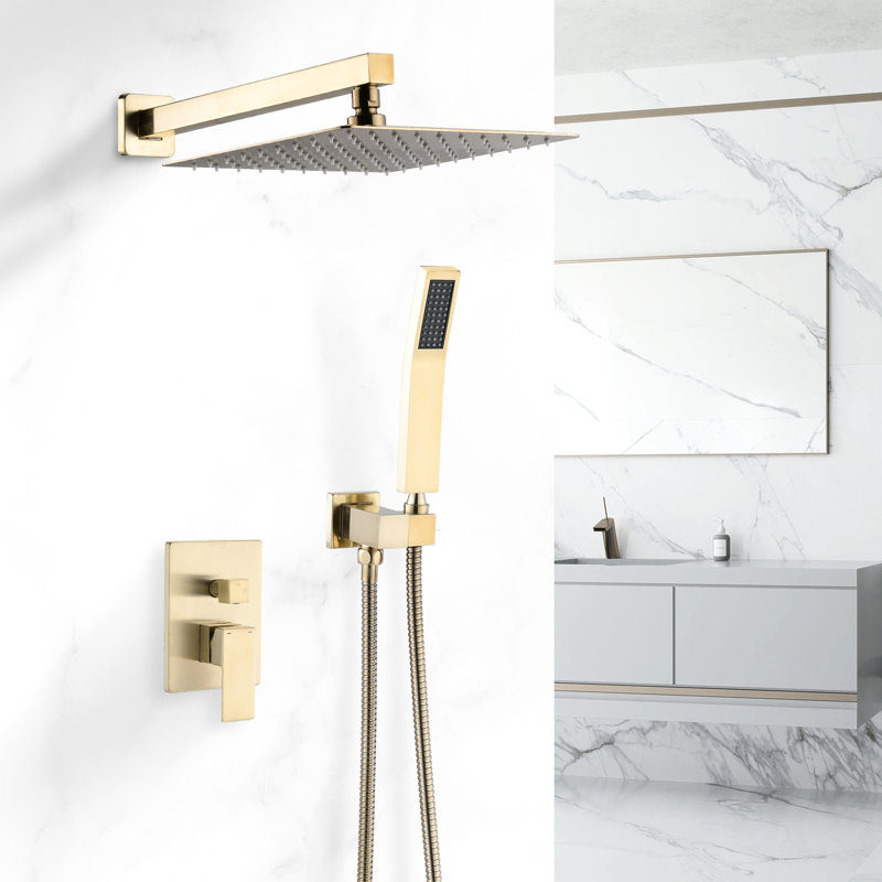 Combinaison de douche en or brossé de 10 pouces avec débit d'eau réglable, inverseur et fonction facile à nettoyer pour un système mural élégant avec contrôle du froid chaud, soupape de dérivation, jet supérieur