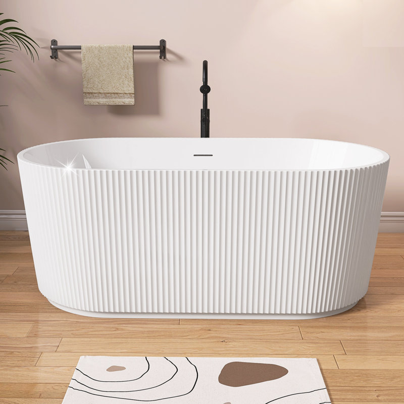59'' Freestanding Soaking Bathtub with Double-Wall Acrylic Construction, Chrome Pop-Up Drain and Overflow, Adjustable Legs