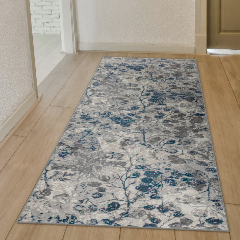 Tapis floral bleu Mamane, Tapis de couloir 2 pi 2 po x 7 pi 7 po