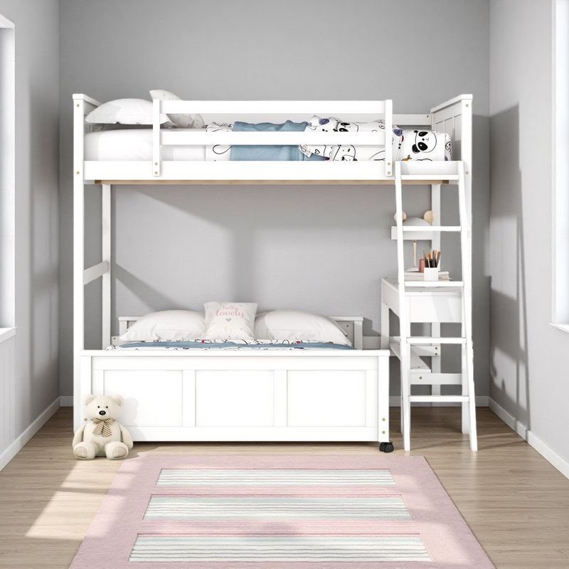 Lit superposé avec bureau, Lit superposé double sur double, Blanc