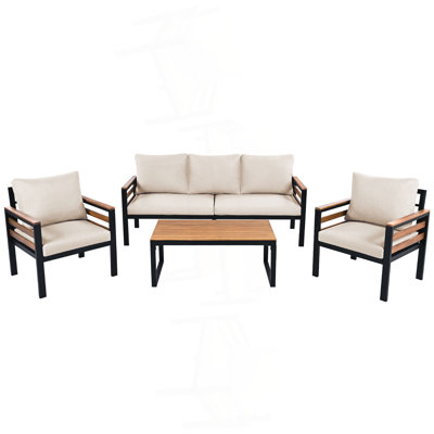 Ensemble de canapé d'extérieur pour 5 personnes avec accoudoirs en bois d'acacia, ensemble de conversation pour patio avec coussin amovible et table basse en bois massif GO