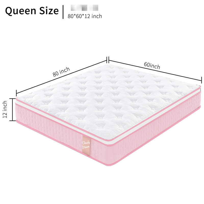 Grand matelas de 12 pouces avec housse respirante tricotée rose, ressorts ensachés individuels, soulagement pour les soirées de douleur avec ressorts et mousse à mémoire de forme, Cool 100, respirant, doux sommeil pendant toute la nuit