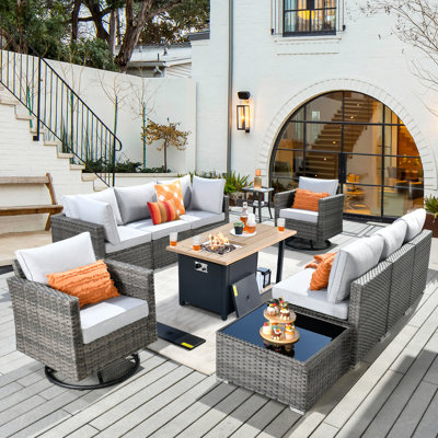 8 - Person Mostly No Assembly Required Patio Furniture Set With Swivel Rocker, Outdoor Wicker Rattan Sectional Seating Group With Cushions, All Weather Sofa Conversation Set With Fire Pit Table For Garden Backyard