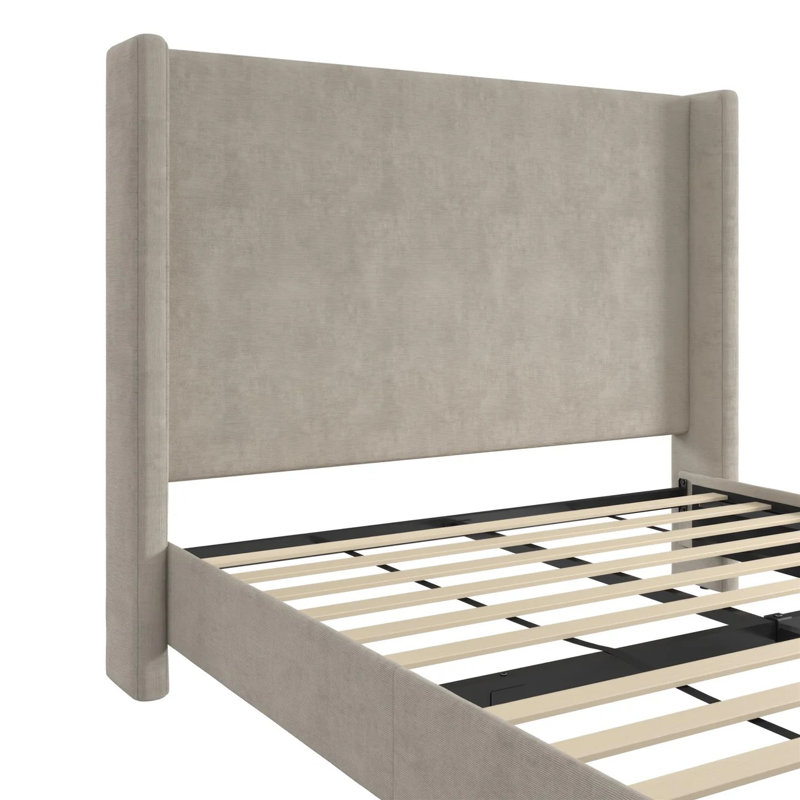 Lit plateforme tapissier à oreilles Ana, Beige toile, Grand lit