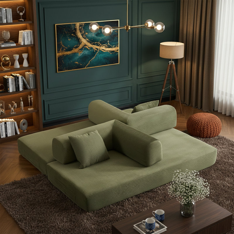 Canapé-lit convertible 77,9 po avec coussin cylindrique - 4-en-1 - Velours côtelé noir, Vert