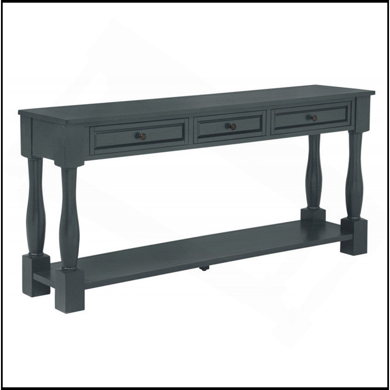 Console de 63 po de long avec tiroirs et tablette pour hall d'entrée, couloir, salon, table en bois d'acacia, bleu marine