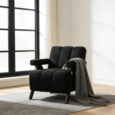 Wide Upholstered Boucle Armchair With Solid Wood Legs