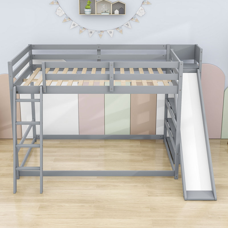 Lit superposé double en bois avec glissade et tablettes Harricharan Kids, Gris