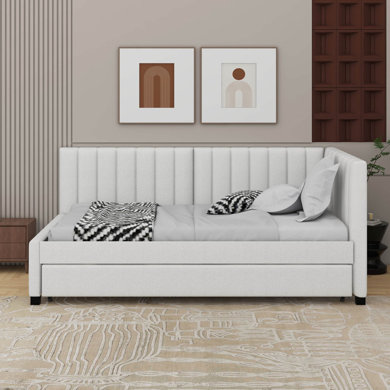 Twin Size Sofa Bed Upholstered Daybed With Trundle, Beige
