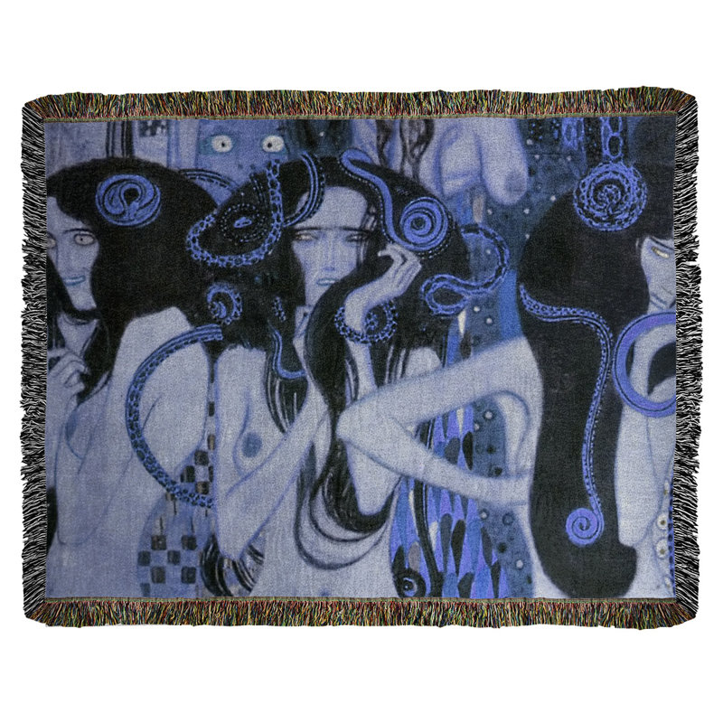Jeté en coton gustav klimt, beethoven frise, Bleu