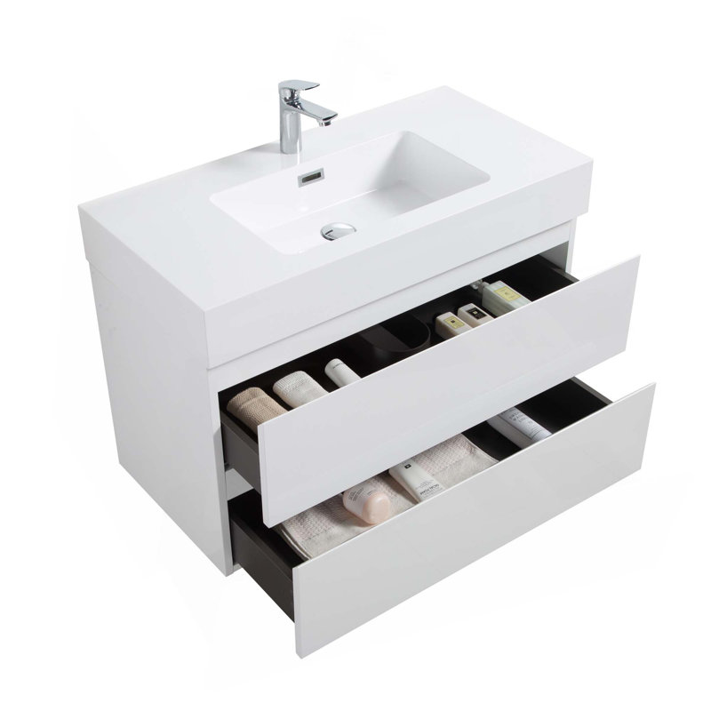 Contemporary Large Storage Wall Mounted Bathroom Vanity With Sink Basin Without Drain And Faucet, White, White, 36"