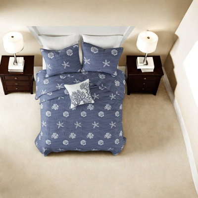 Ensemble de literie réversible en coton de qualité supérieure, brodé bleu marine, style bord de mer pour la maison