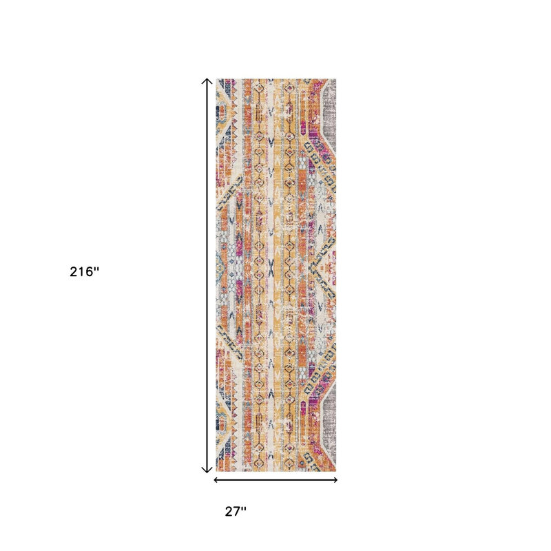 18' Yellow And Beige Abstract Runner Rug