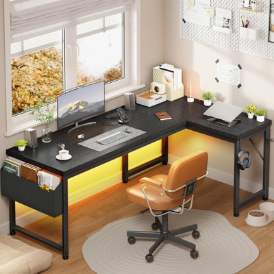 Bureau d'ordinateur en L robuste avec bureau de 2,4 cm d'épaisseur et lumières DEL