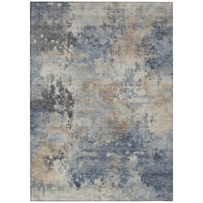 Machine Washable Indoor/Outdoor Xhevrie Denim Rug