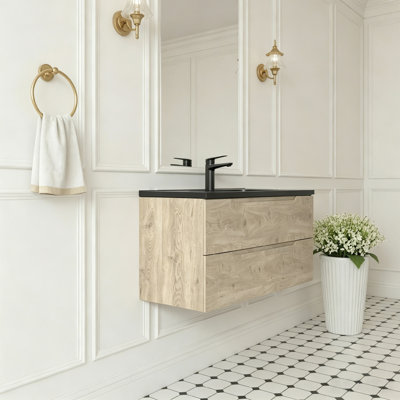  Ensemble de meuble-lavabo mural 36 po avec plateau en résine noir et 2 tiroirs modernes pour petite salle de bain