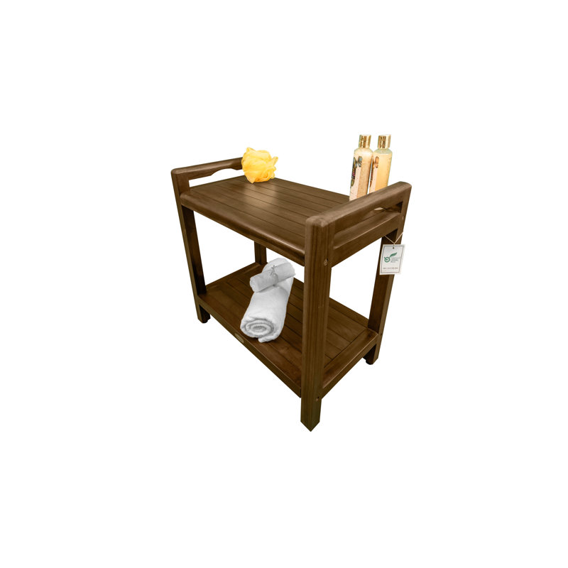Woodland Brown Teak Shower Bench with LiftAide Arms and Shelf