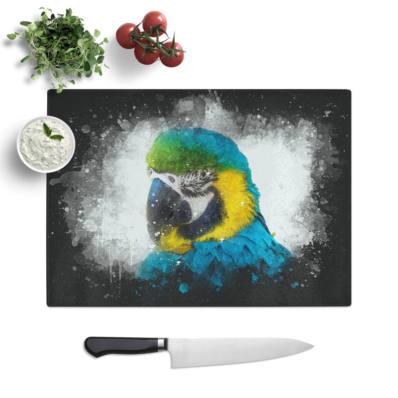 Tempered Glass Blue & Yellow Macaw Parrot Chopping Board, 20 cm x 28.5 cm