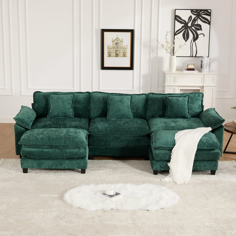 Canapé modulaire en forme de U Grid, canapé surdimensionné avec repose-pieds, Chenille verte, H 33 po x l 117 po x P 30 po