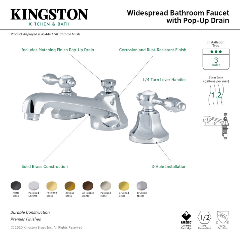 Kingston Brass Tudor Two-Handle 3-Hole Deck Mount Widespread Bathroom Faucet with Brass Pop-Up Drain, Polished Brass