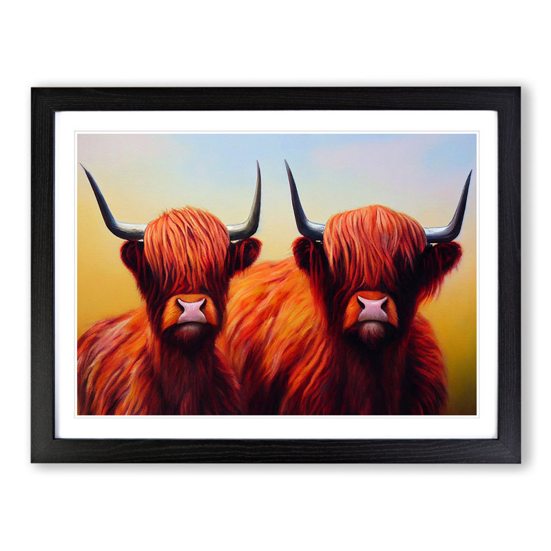 Two Highland Cows Vol.2 - Single Picture Frame Print, 46cm H x 64cm W x 2cm D, Black Framed