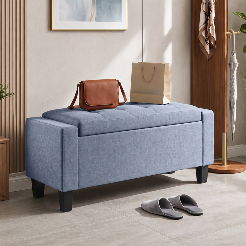 Banc ottoman de rangement en tissu capitonné avec accoudoirs et pieds en bois, Gris foncé