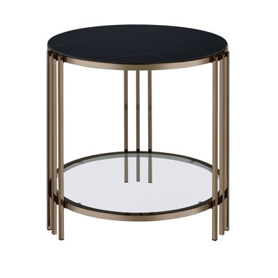 Elegant Sintered Stone End Table With Champagne Finish, 1 Shelf For Display, Modern Home Decor Object, 23.66 In. X 24.29 In., Black Organization, Option,