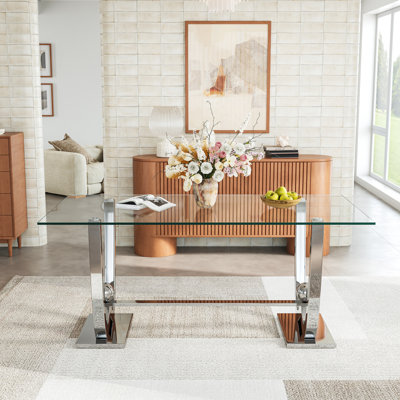 69" Glass Dining Table, Modern  Rectangular Kitchen Table With Stainless Steel W-Shape Pedestal Base And 0.39" Tempered Glass Top
