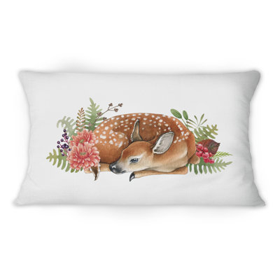 Deer Cub In Flowers Decor - Traditional Printed Throw Pillow 1