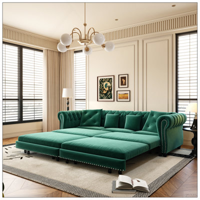 Canapé Chesterfield, canapé-lit gigogne 3 en 1 de 89 po, canapé-lit convertible, canapé-lit très grand, méridienne, canapé en velours 3 places avec repose-pieds mobile, design capitonné, vert