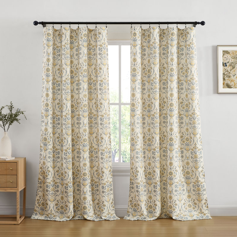 Clara Floral Damask Patterned Window Back Tab Rod Pocket Curtains Bedroom - Light Blocking Darkening Window Panels, Set of 2