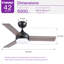 Ventilateur de plafond intelligent noir de 42 po avec DEL blanche brillante intégrée, travail avec l'application Tuya et aide vocale