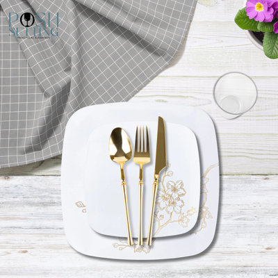 Posh Setting 840 Piece White And Gold Plastic Party Bundle - Gold Buds (120 Settings)