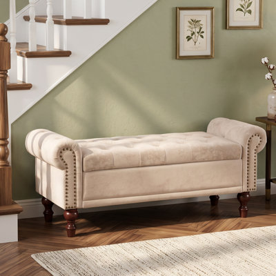 Banc de rangement capitonné avec pieds en bois massif et clous décoratifs