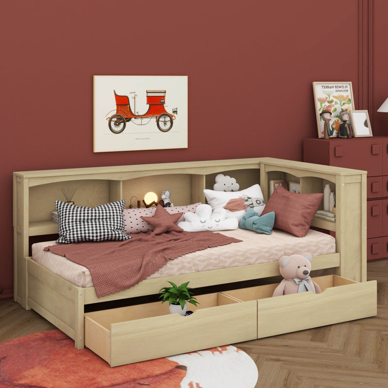 Lit simple avec deux commodes de rangement intégrées et un port USB pratique, Bois