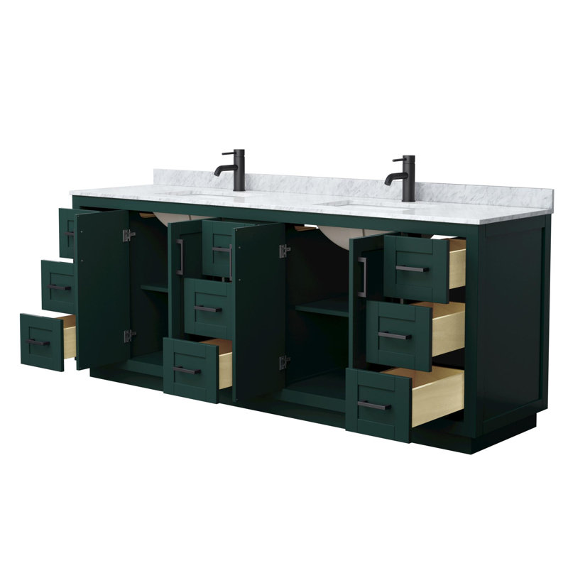Ensemble de meuble-lavabo double autoportant 84 po avec plateau en marbre Miranda, Vert, Noir mat