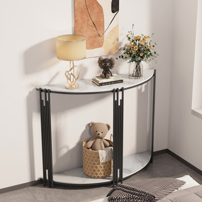 Fulmis Half-Mooned 39.4 Console Table Sintered Stone with 2-Tier Storage by Wrought Studio