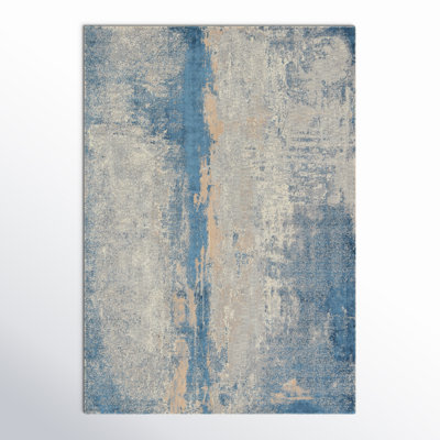  Tapis rectangulaire bleu / gris en laine / viscose tissé à la machine
