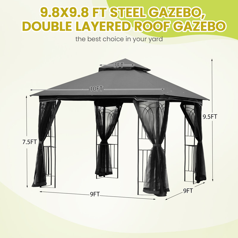 Auvent d'extérieur 10 'x 10', pavillon avec conception de support unique et filet d'intimité - gris foncé, Gris foncé