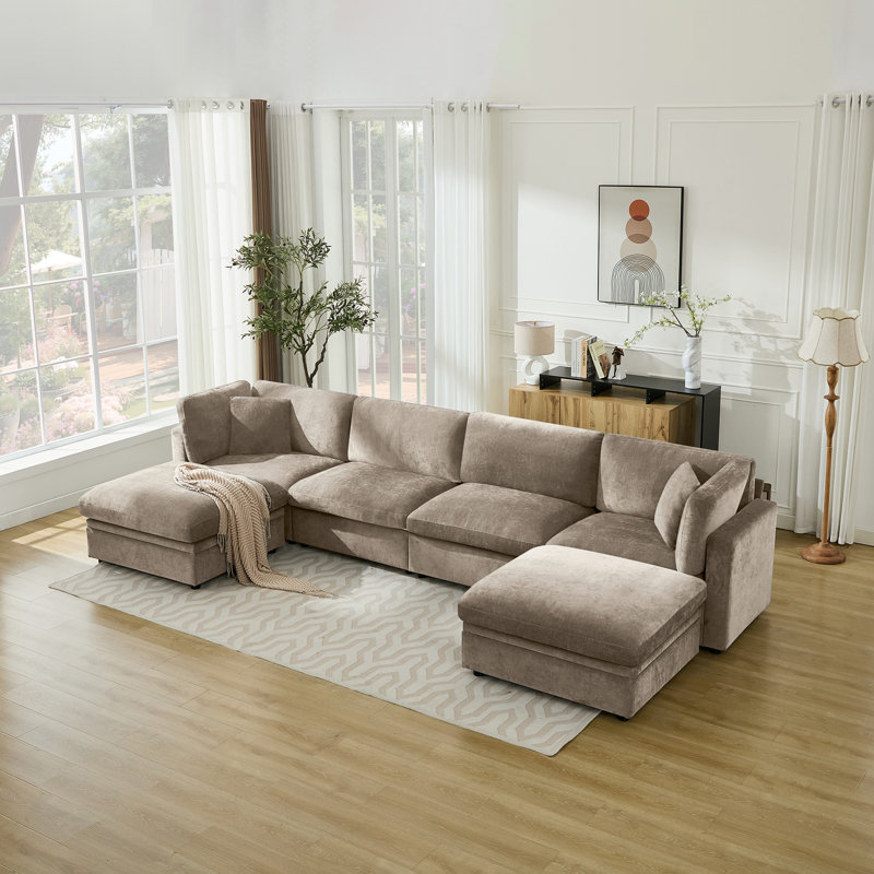 Oversized Down-Filled Modular Sofa With Ottomans, 34.6" H x 154.3" W x 66.9" D, Khaki