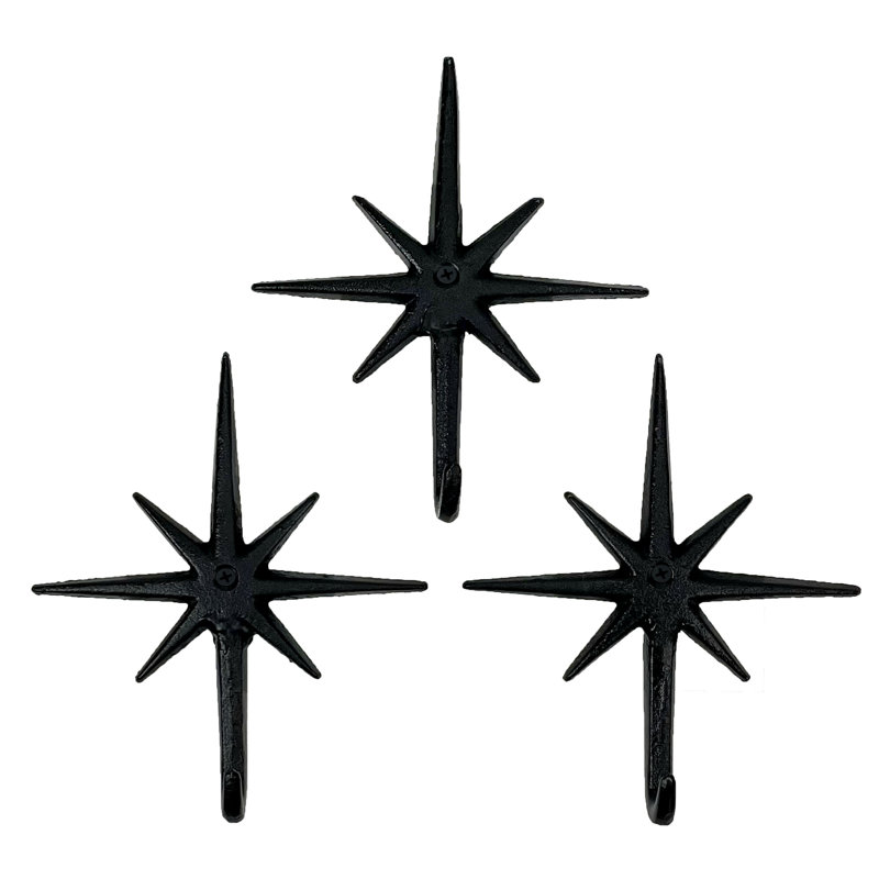 Mid-Century Modern cast iron 8-point atomic starburst wall hooks in antiqued black enamel, set of 3 — 5.75" W x 1.25" projection x 6.75" H