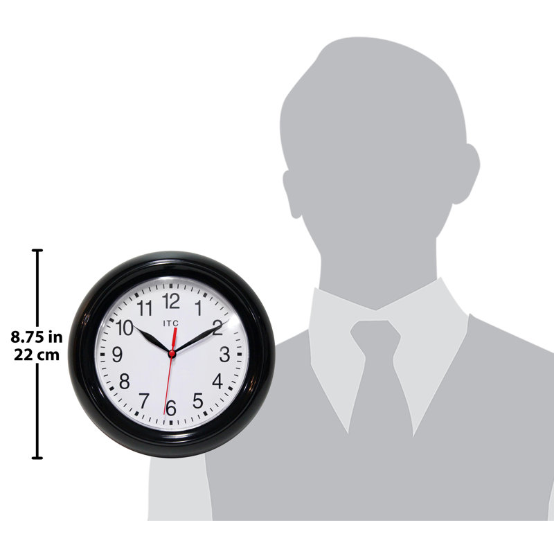 Kempwood ITC Round Plastic Wall Clock 8.75 Inches - Black